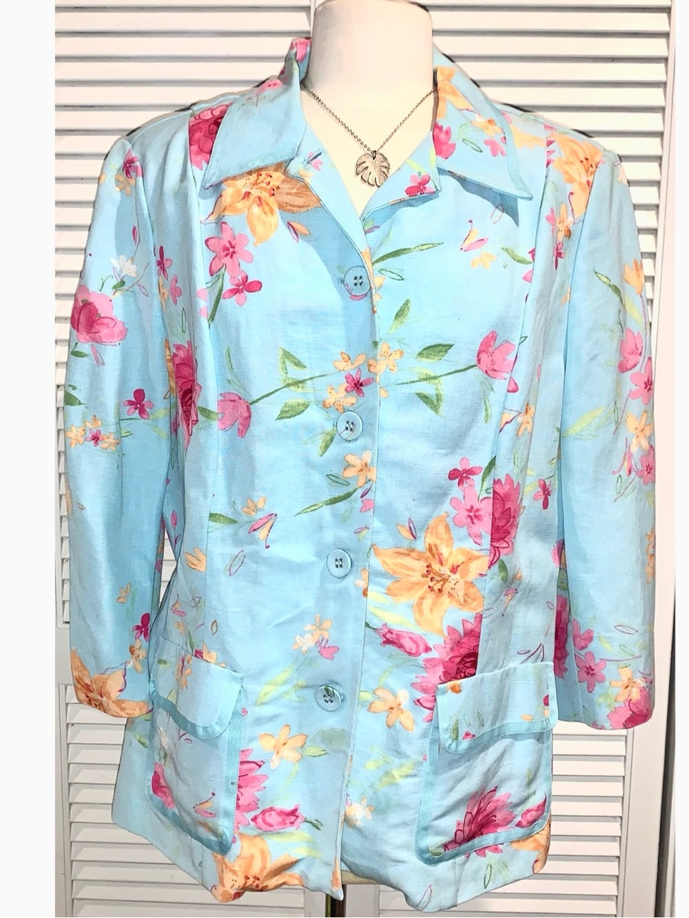 Emma James Aqua Floral Linen Blend Button-Front Blazer Women's Size 16